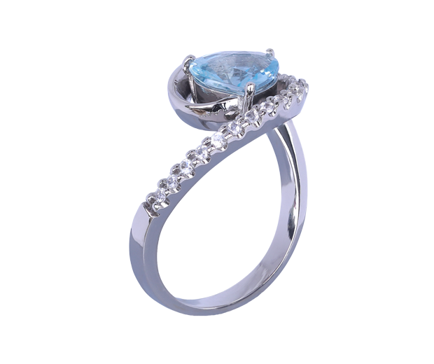 18KT WHITE GOLD RING SET WITH 01 AQUAMARINE AND 14 WHITE SAPPHIRES 